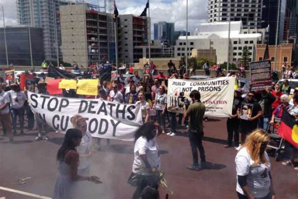 Protesters gather at Western Australia parliament in Perth.